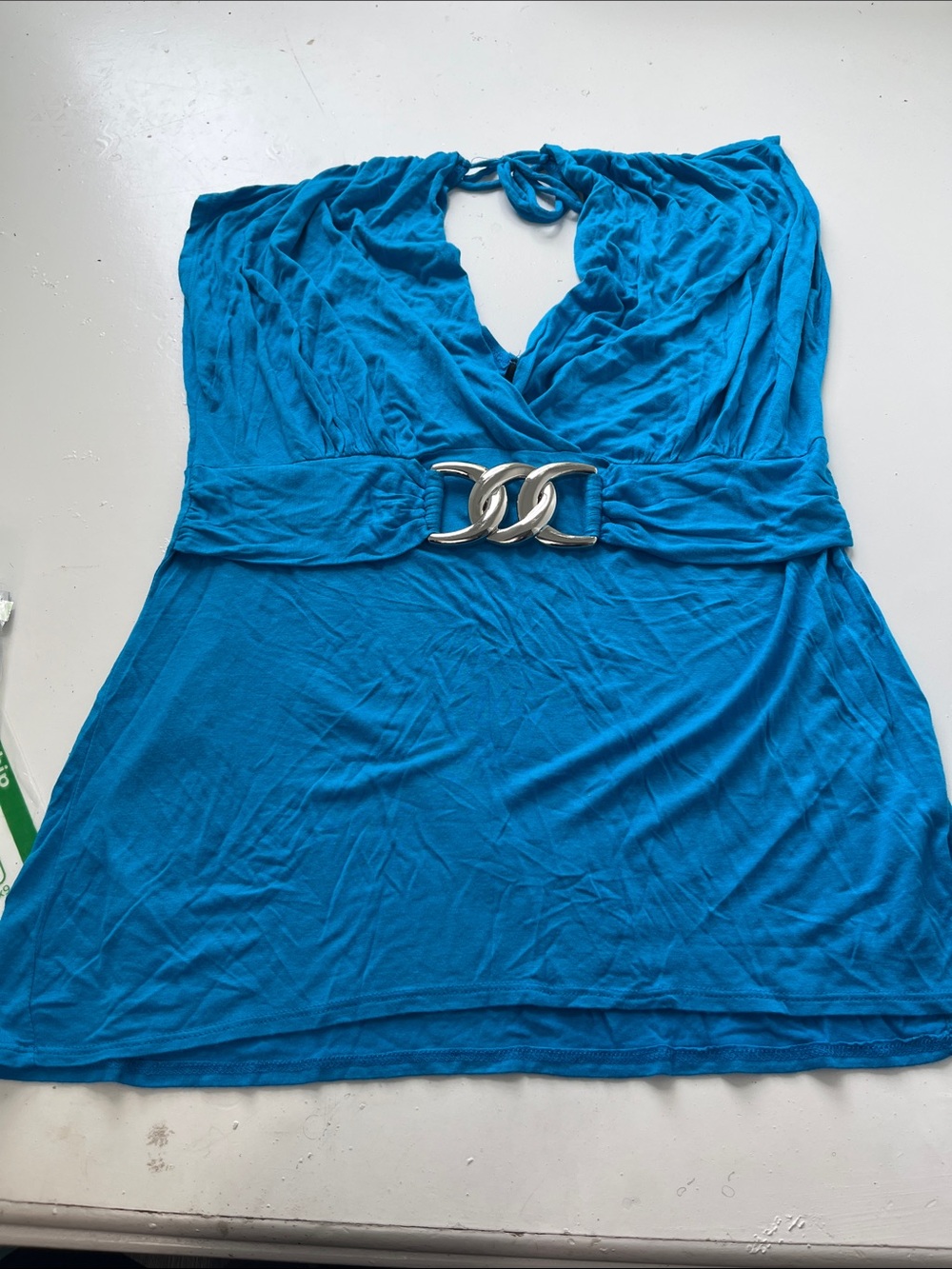 Candy Rain 1X Blue Short Sleeve Deep V Neck Silver Buckle Blouse